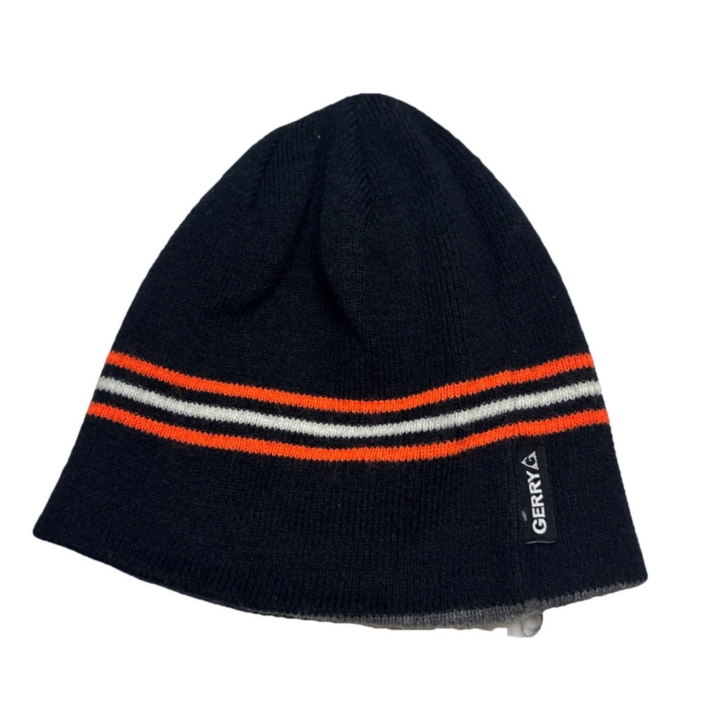 Gerry Mens Beanie Hat Navy‎ Blue Orange White Striped Knit Skull Cap One Size